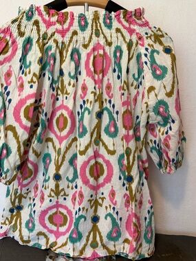 Mod’s‎ Mahal Ikat Print Boho Peasant Blouse Off Shoulder Puff Sleeve Large